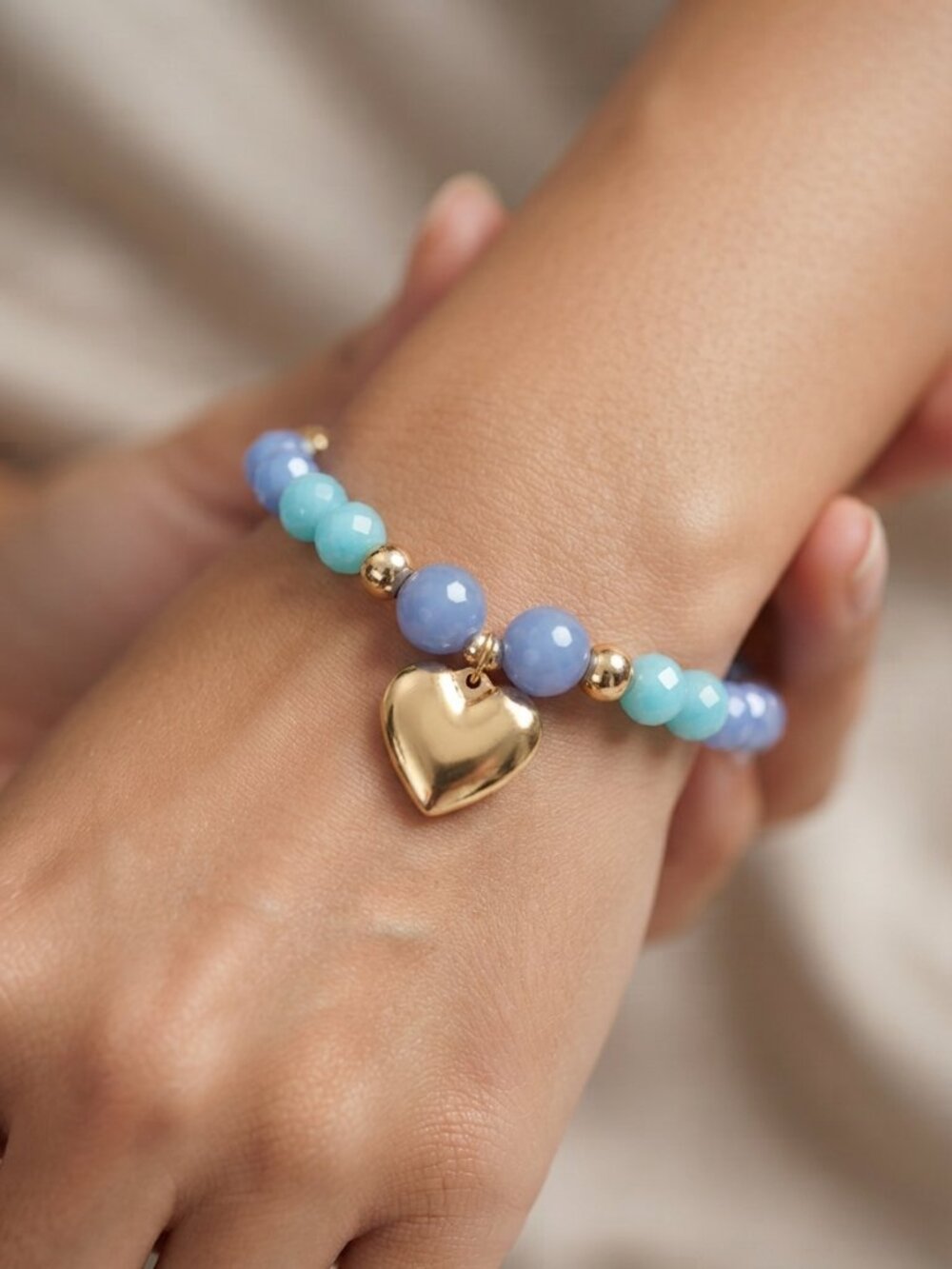 Blue Beaded Bracelet with Gold Heart Charm - Elegant Stretch Trendy Jewelry